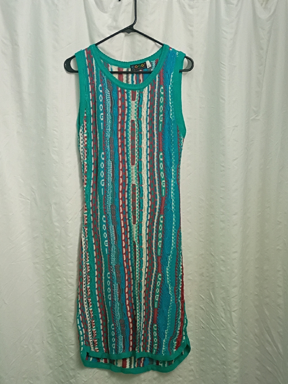 Vintage COOGI Teal Multi-Stripe Sleeveless Knit Midi Dress